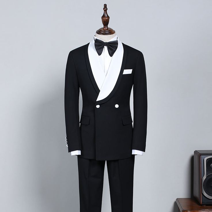 Modern Black Double Breasted Wedding Suits With White Shawl Lapel