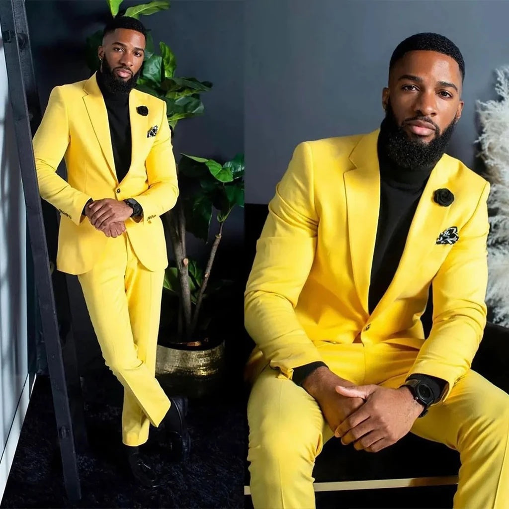 Gentle Yellow Notched Lapel Close Fitting Prom Men Suits