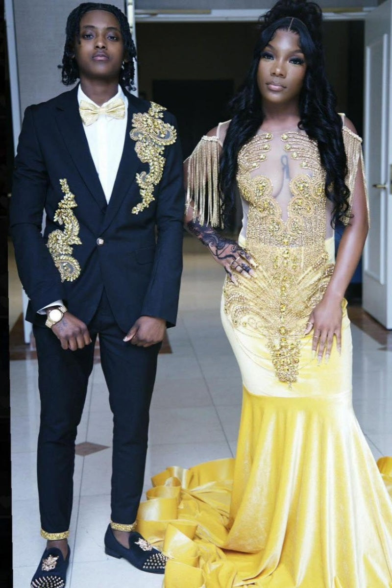 Black One Button Close Fitting Suits With Gold Appliques