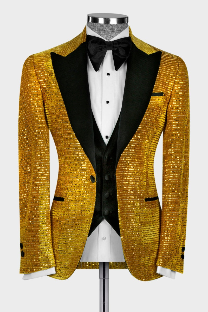 Shiny Yellow 3 Pieces Peaked Lapel Prom Suits For Men