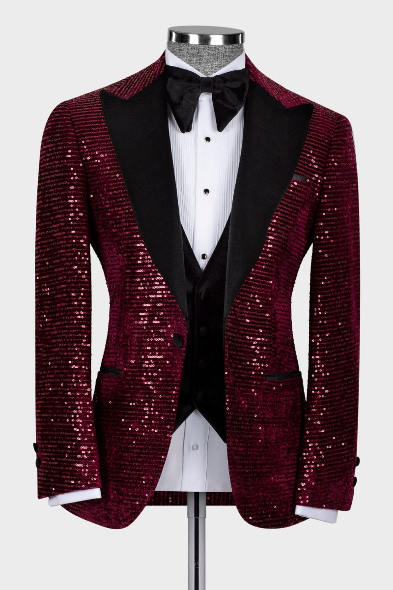 Fashion Sparkly Burgundy Glamorous 3 Pieces Prom Men Suits