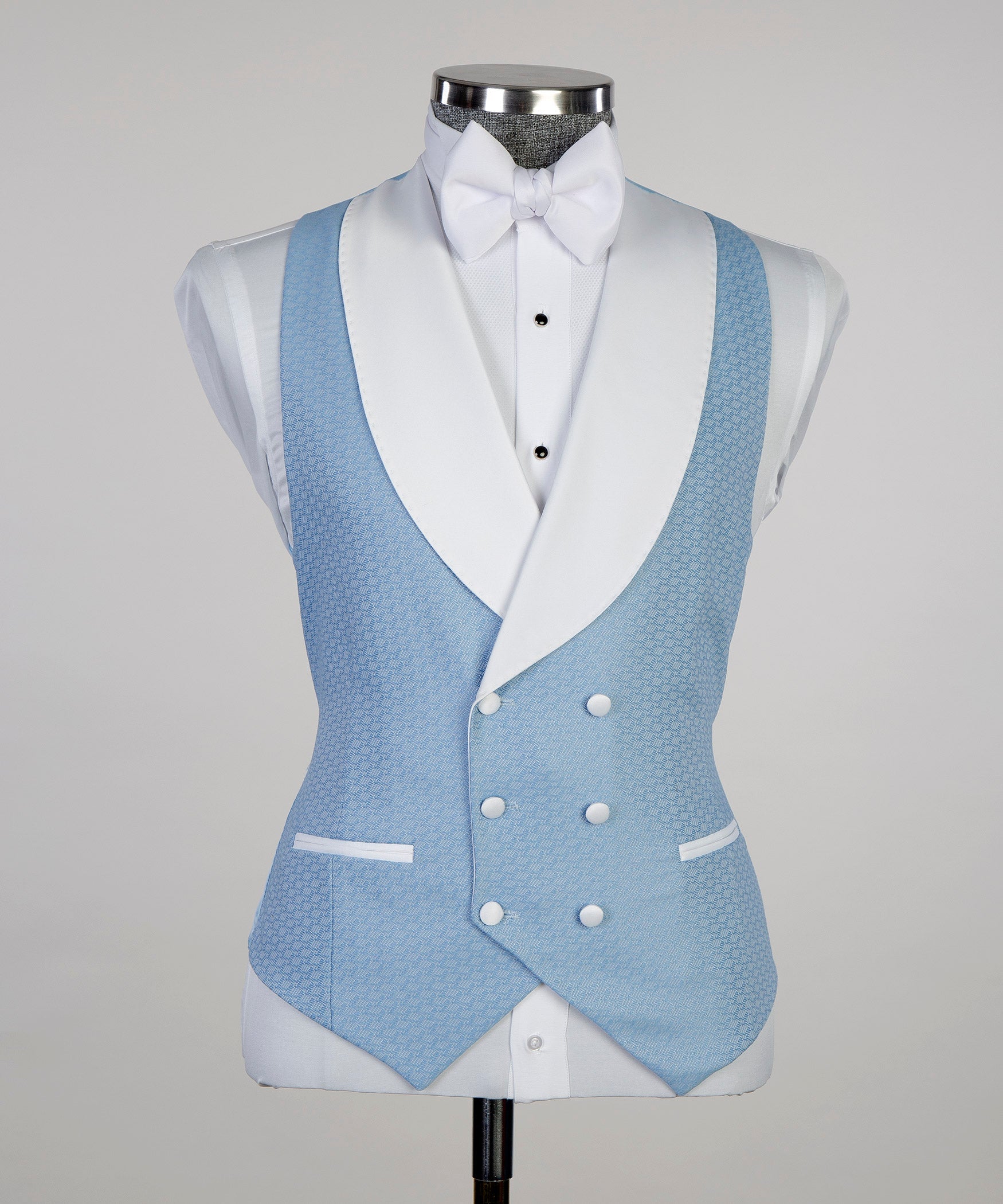 Fashion Light Blue Jacquard Shawl Lapel Slim Fit Men Prom Suits With Waistcoat