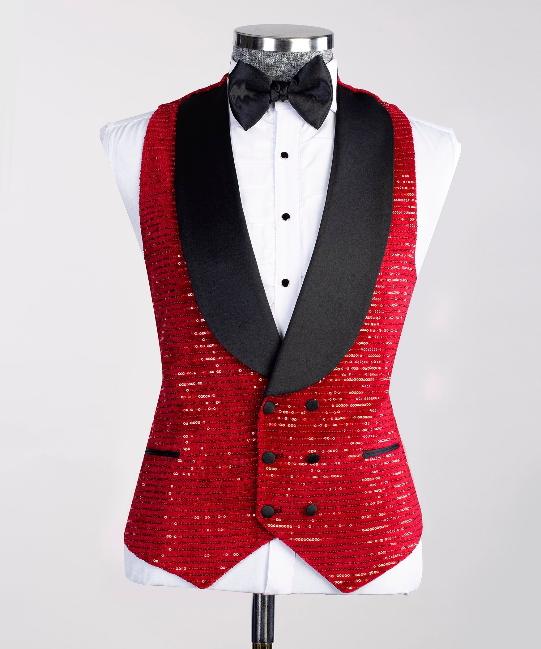 Sparkling Red Double Breasted Modern Slim Fit Prom Suits With Waistcoat