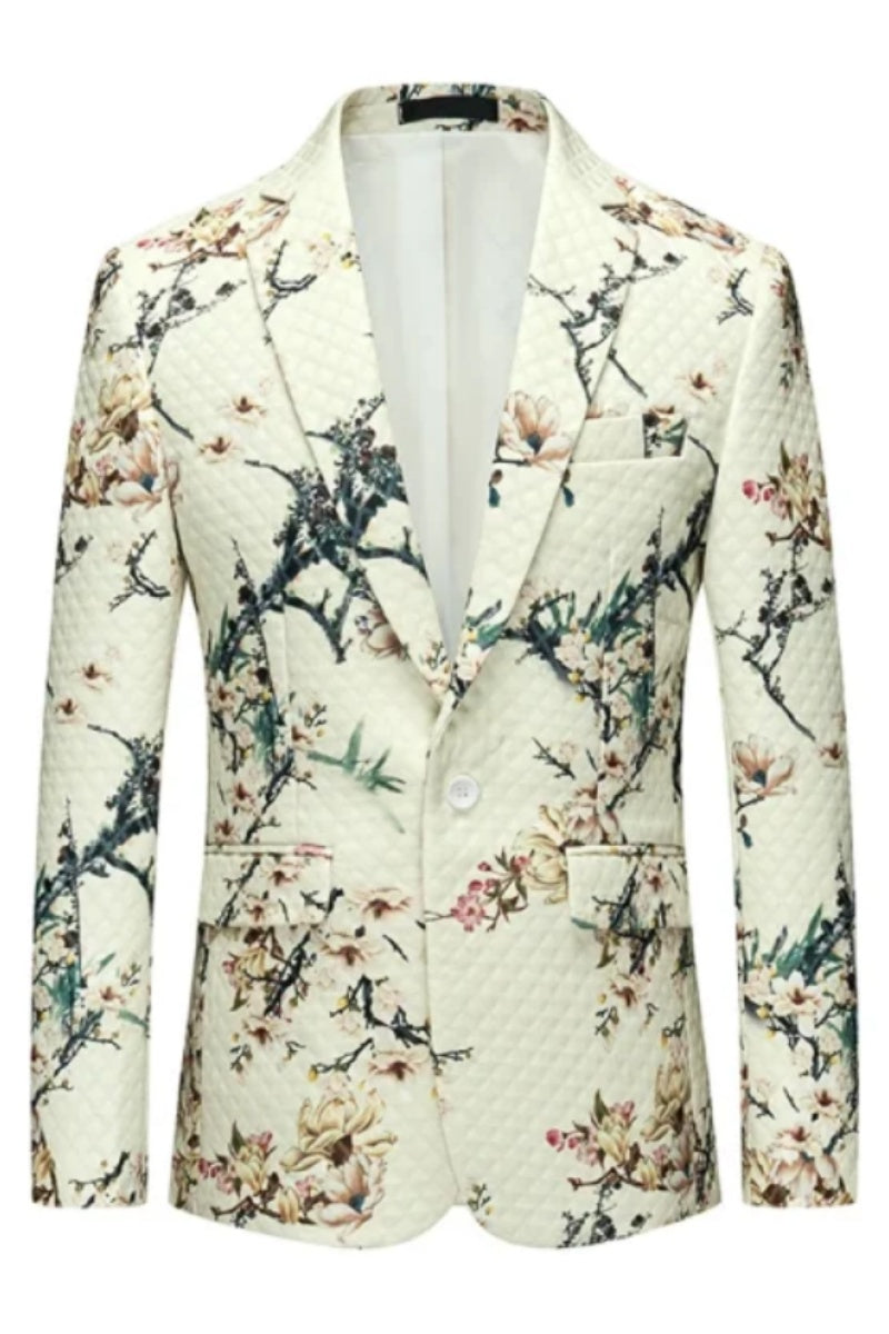 White Plaid Single Button Slim Fit Men‘s Blazers With Floral Patterns