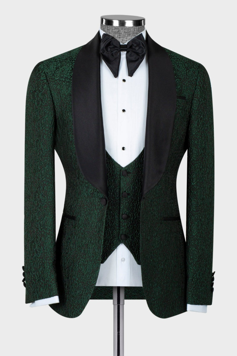 Chic Green Shawl Lapel Jacquard Men's Suits With Waistcoat