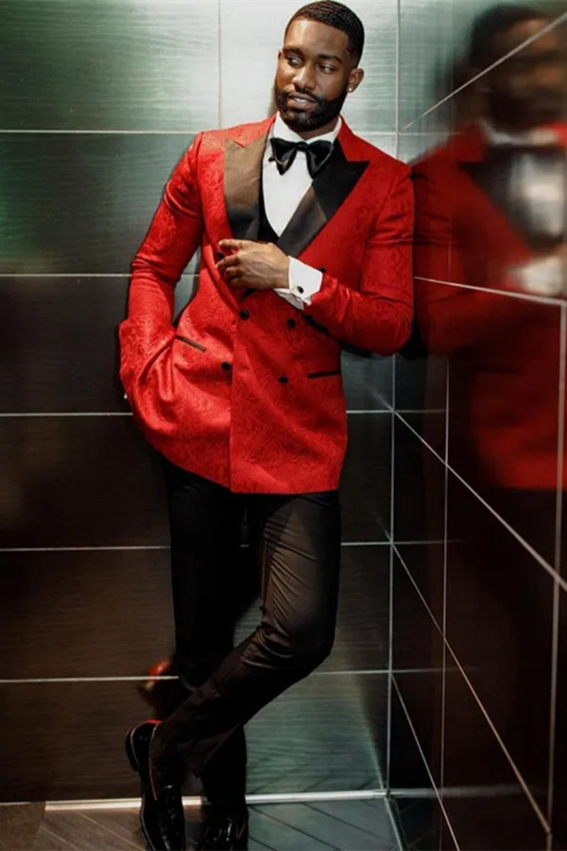 Stylish Red Jacquard Double Breasted Chic Prom Men Suits