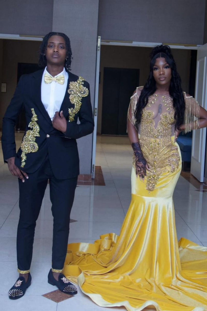 Black One Button Close Fitting Suits With Gold Appliques