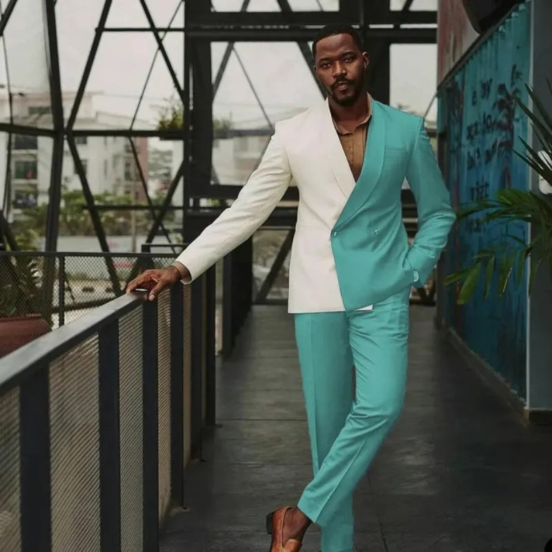 White And Teal Shawl Lapel Double Breasted Prom Suits For Men