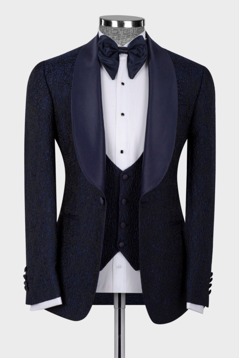 Dark Blue Fashion Shawl Lapel Jacquard 3 Pieces Men Suits