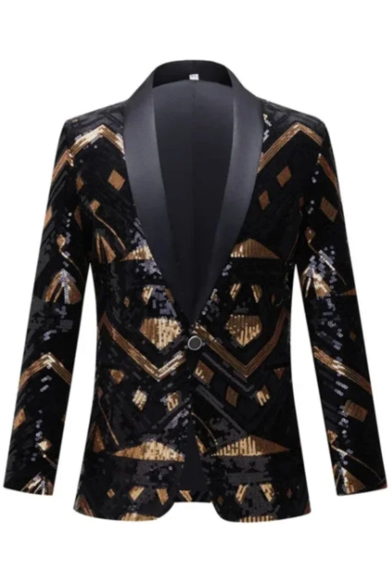 Black Gold Sequin Shawl Lapel One Button Men's Jacket