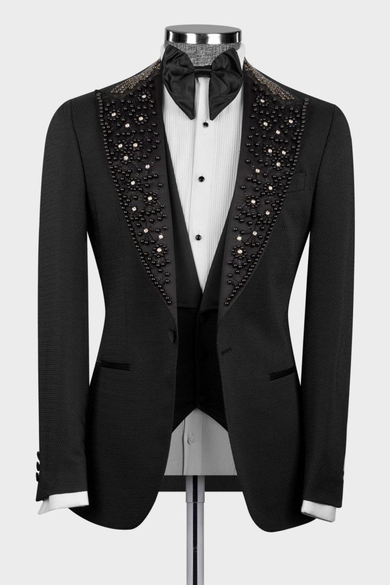 Popular Black Peaked Lapel With Beading 3 Pieces Men Prom Suits