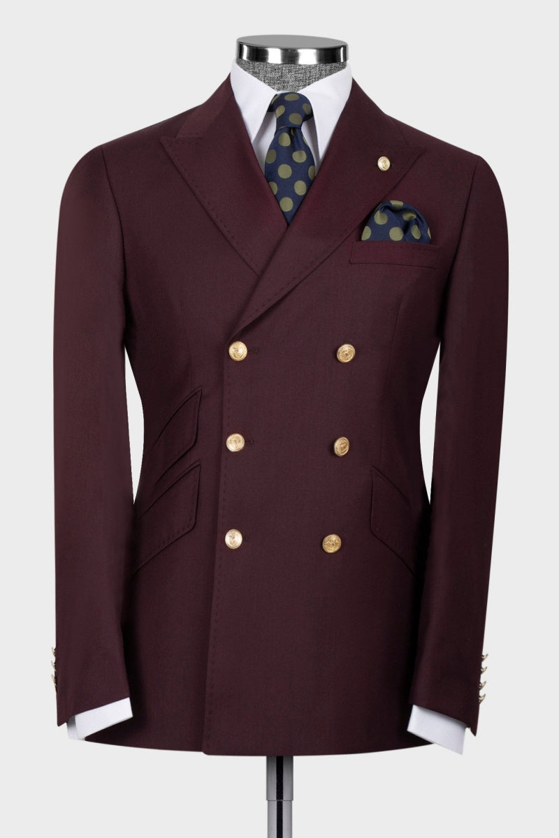 Burgundy Fancy Double Breasted Close Fitting Prom Suits