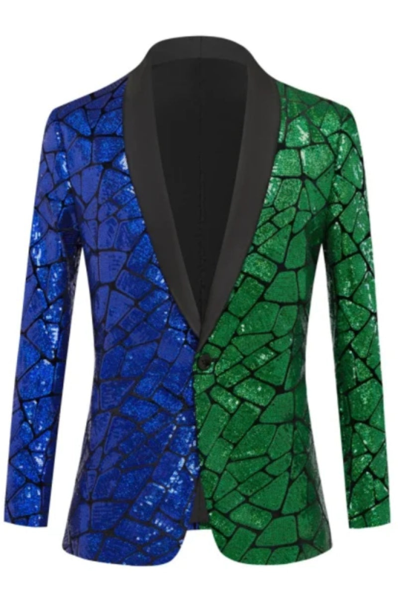 Blue and Green Plaid Shawl Lapel Sequin Blazers For Men