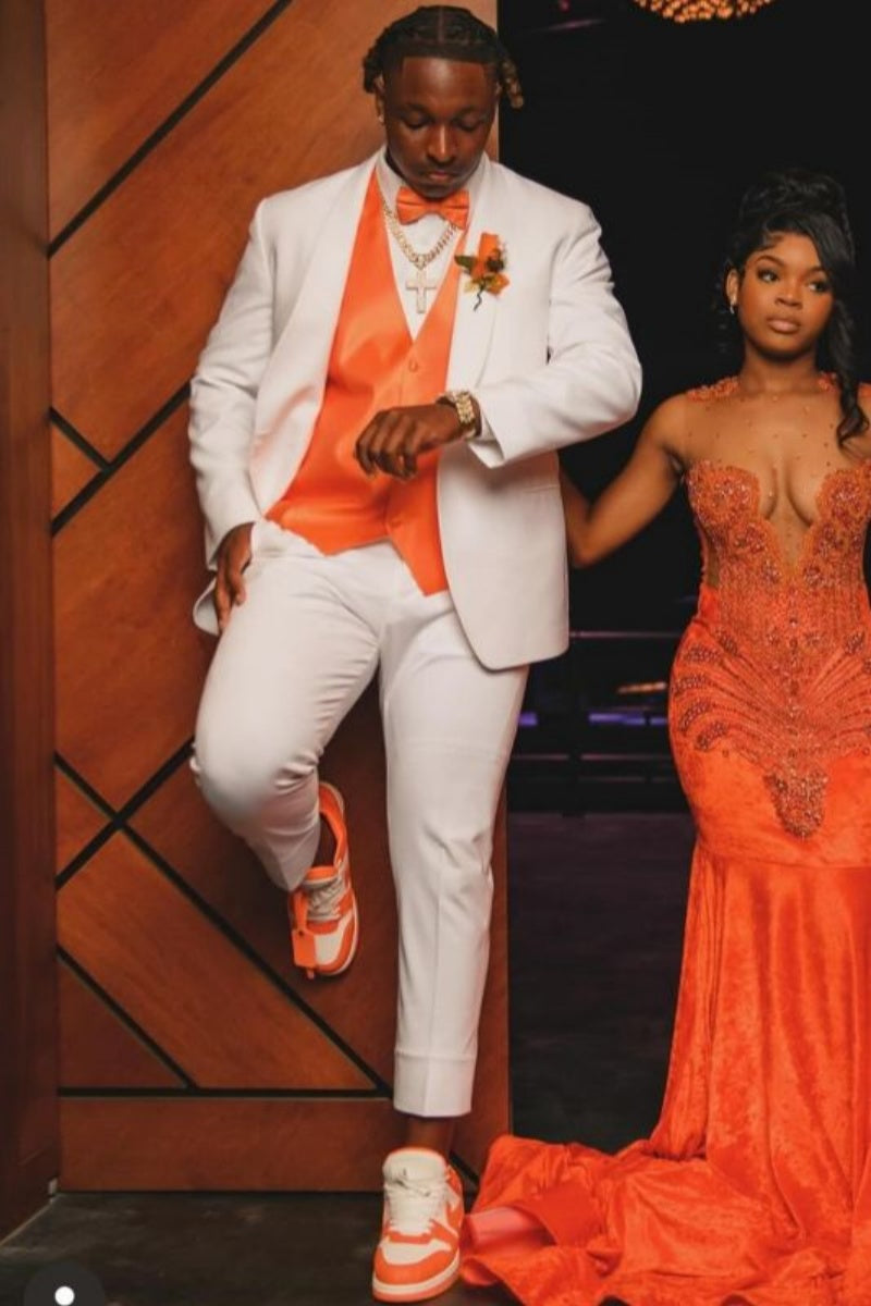 Classic White Shawl Lapel Slim Fit Suits For Men With Orange Waistcoat