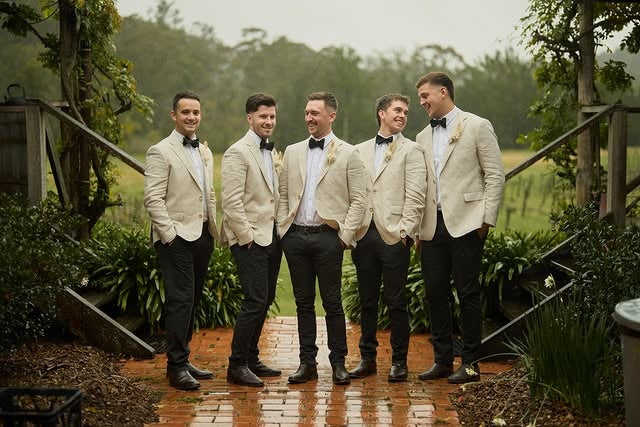 Slim Fit Beige Notched Lapel Wedding Groomsmen Suits