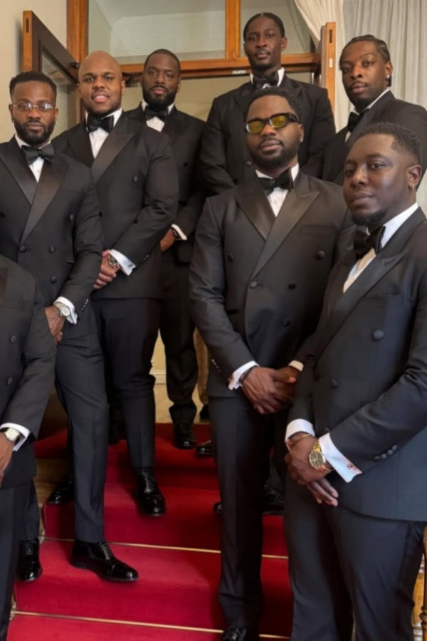 Modern Black Peaked Lapel Double Breasted Wedding Groomsmen Suits