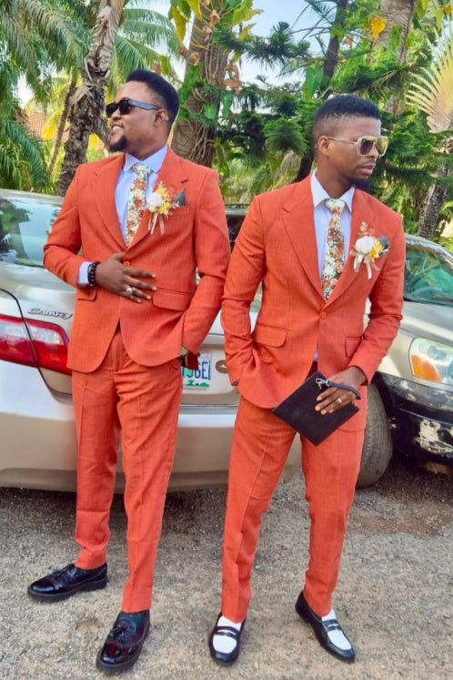 Glamorous Orange Notched Lapel Wedding Groomsmen Suits