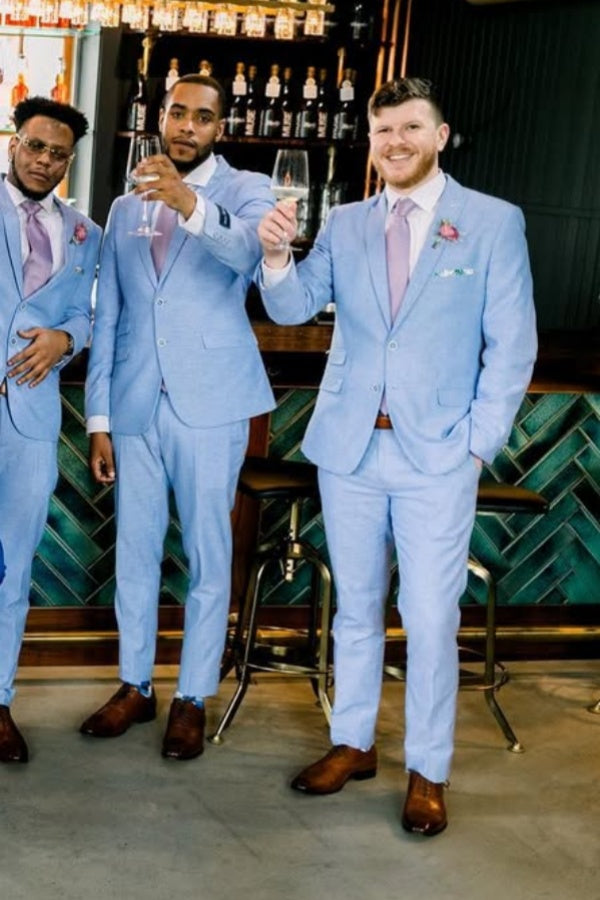 Light Blue Peaked Lapel Close Fitting Wedding Groomsmen Suits