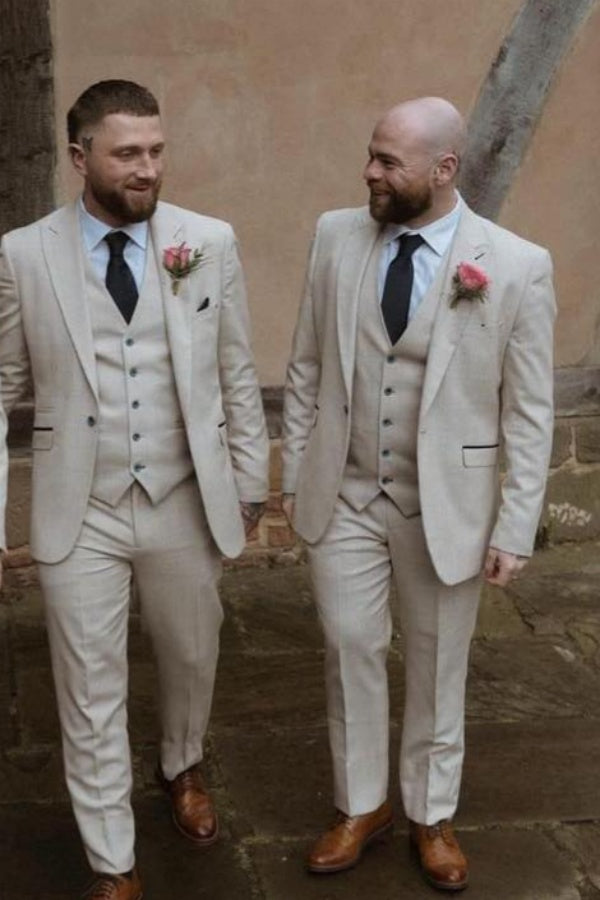 Fashion Light Beige 3 Pieces Notched Lapel Wedding Groomsmen Suits
