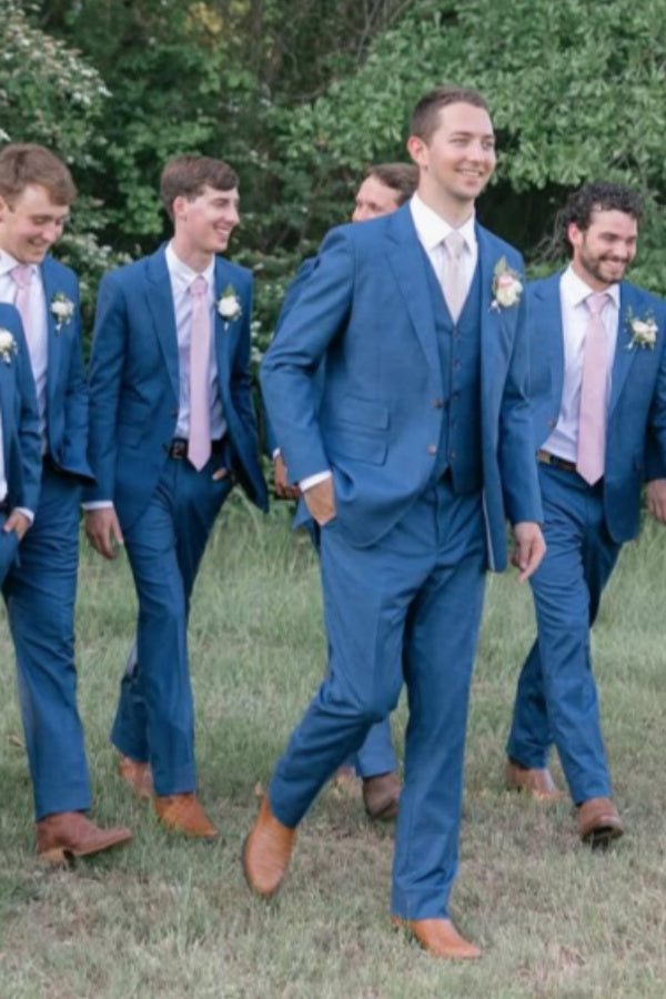 Fancy 3 Piece Blue Notched Lapel Wedding Groomsmen Suits