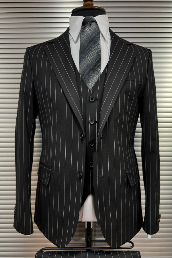 Fancy Black Pinstriped Newest Peaked Lapel Men Business Suits
