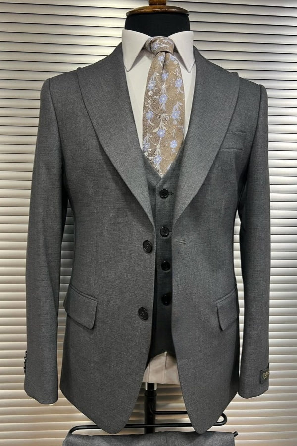 Formal Gray Stylish 3 Pieces Peaked Lapel Business Men Suits