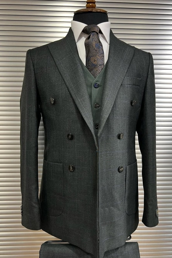 Modern Dark Gray Plaid Peaked Lapel Business Men Suits