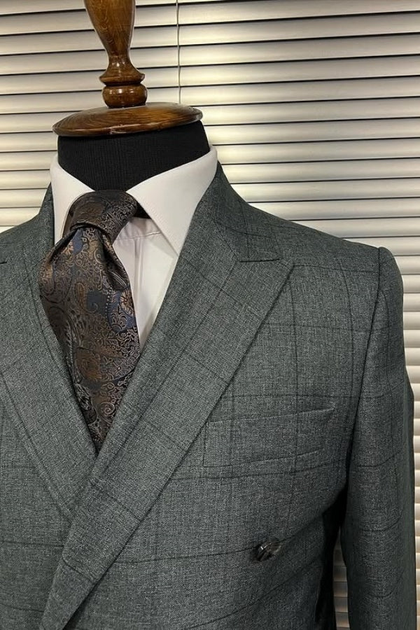 Fashion Gray Plaid Peaked Lapel Double Breasted Business Men Suits