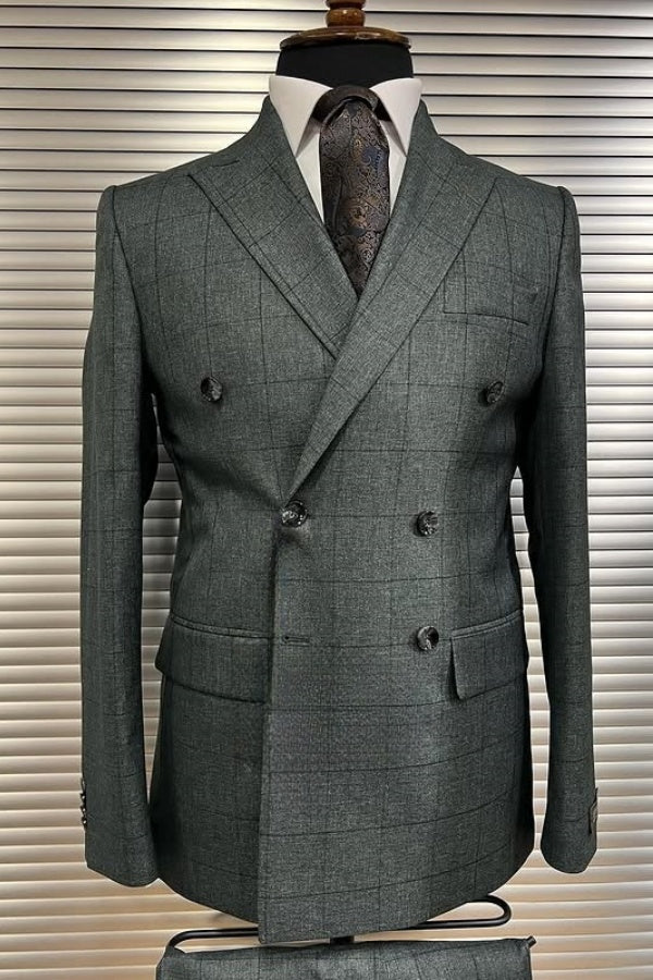 Fashion Gray Plaid Peaked Lapel Double Breasted Business Men Suits