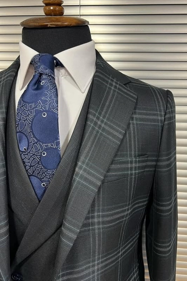 Modern Gray Plaid 3 Pieces Peaked Lapel Business Men Suits
