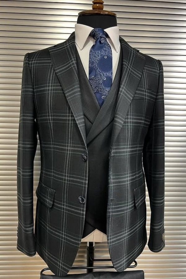 Modern Gray Plaid 3 Pieces Peaked Lapel Business Men Suits