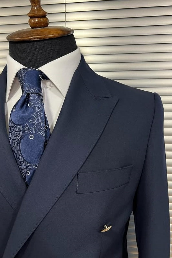 Formal Dark Blue Double Breasted Peaked Lapel Business Suits