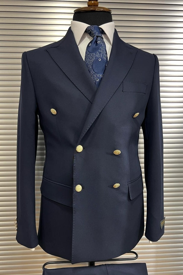 Formal Dark Blue Double Breasted Peaked Lapel Business Suits