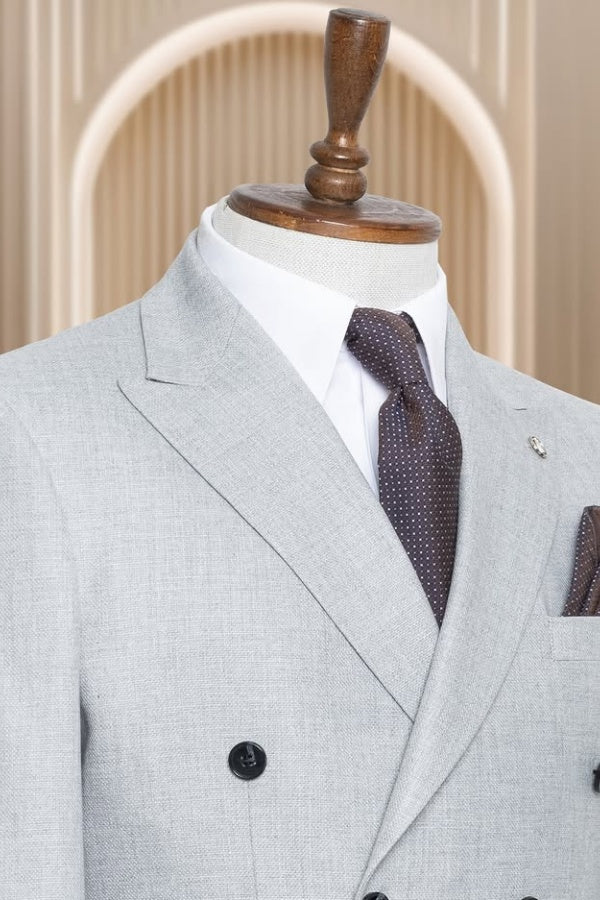 Formal Light Gray Double Breasted Peaked Lapel Business Suits