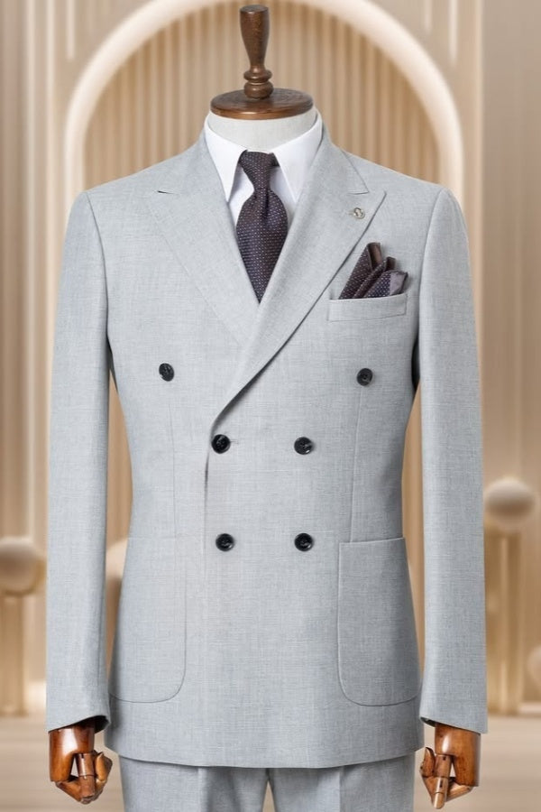 Formal Light Gray Double Breasted Peaked Lapel Business Suits
