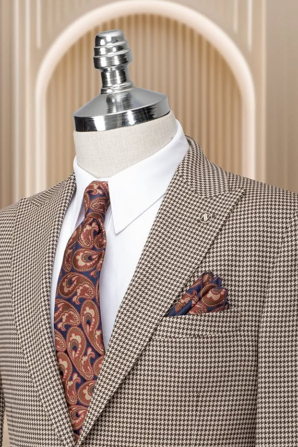 Fashion Khaki Houndstooth Peaked Lapel Slim Fit Business Suits