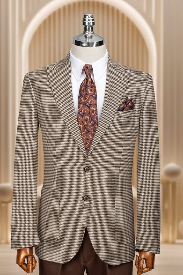 Fashion Khaki Houndstooth Peaked Lapel Slim Fit Business Suits