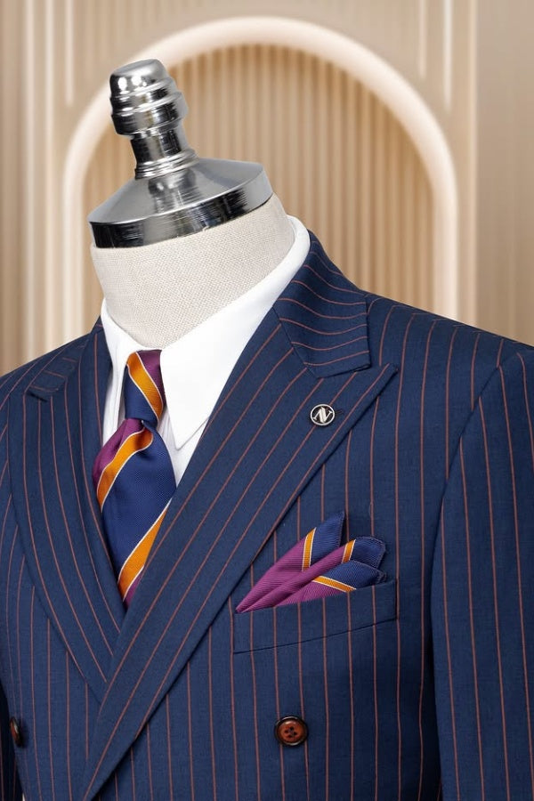 Chic Navy Blue Double Breasted Pinstriped Close Fitting Business Suits