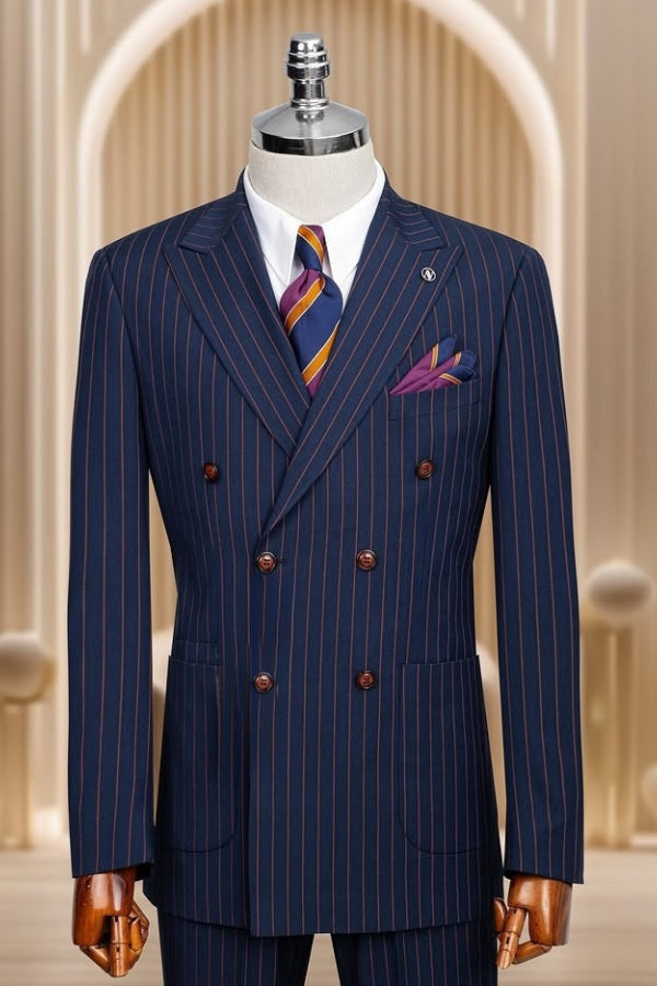 Chic Navy Blue Double Breasted Pinstriped Close Fitting Business Suits
