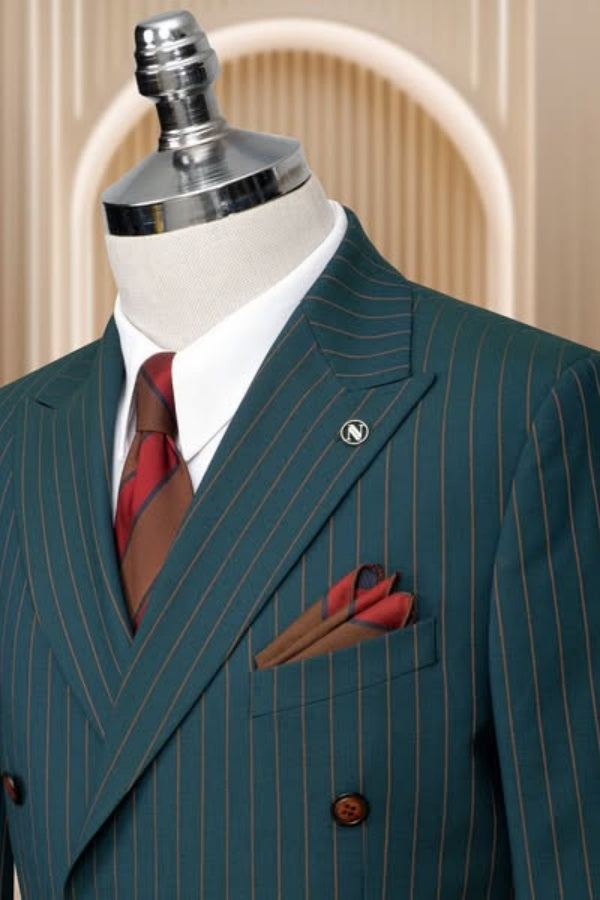 Trendy Teal Double Breasted Striped Fashion Business Suits