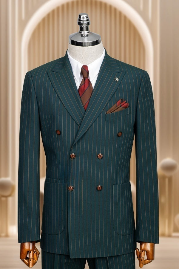 Trendy Teal Double Breasted Striped Fashion Business Suits