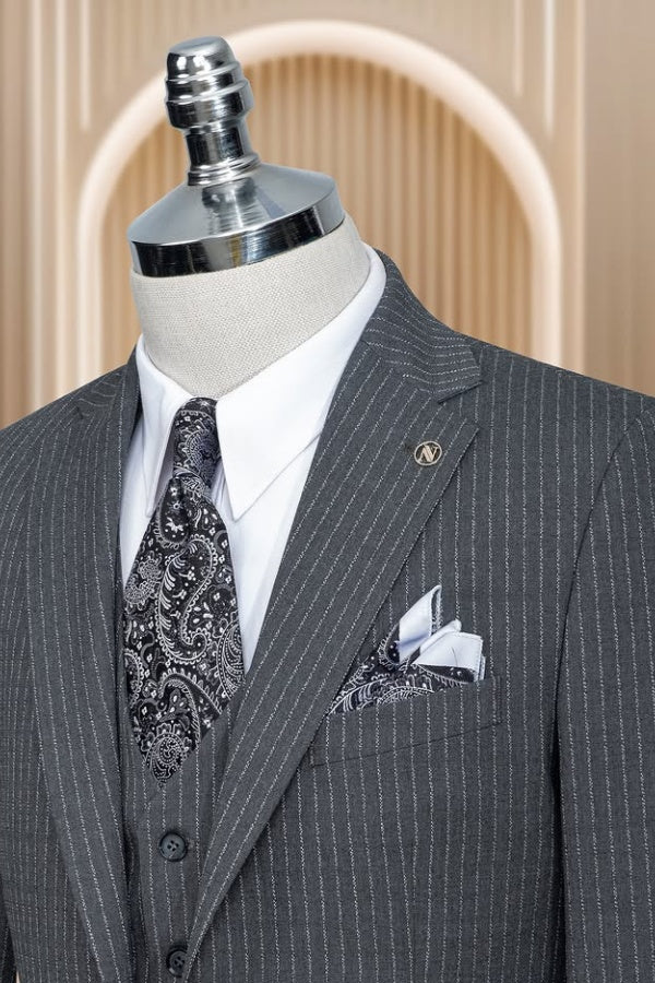 Stylish Dark Gray Striped Notch Lapel 3 Pieces Business Men Suits