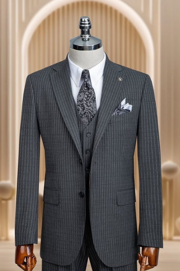 Stylish Dark Gray Striped Notch Lapel 3 Pieces Business Men Suits