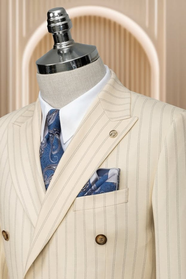 Glamorous Beige Double Breasted Striped Fancy Business Suits