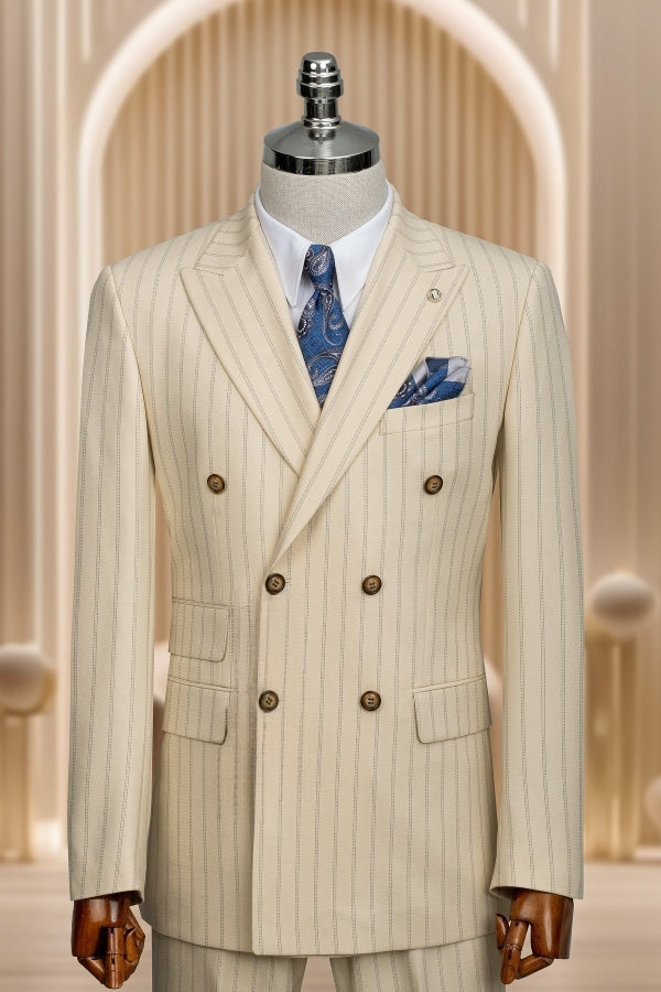 Glamorous Beige Double Breasted Striped Fancy Business Suits