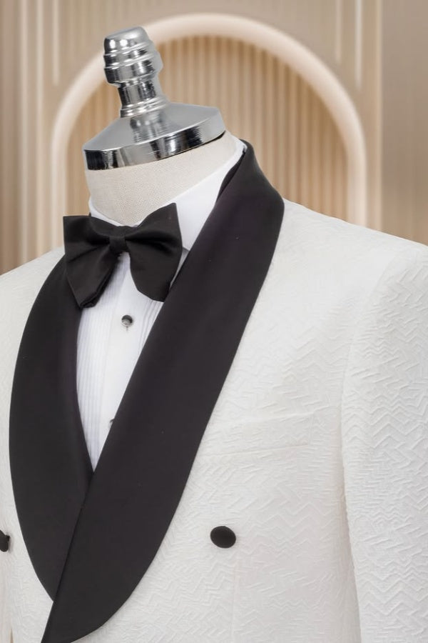 Stylish White Jacquard Double Breasted Shawl Lapel Wedding Suits