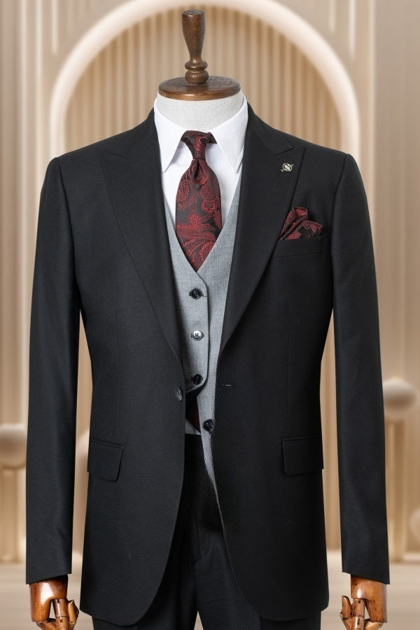 Classic Black 3 Pieces Peaked Lapel Men's Business Suits With Gray Vest