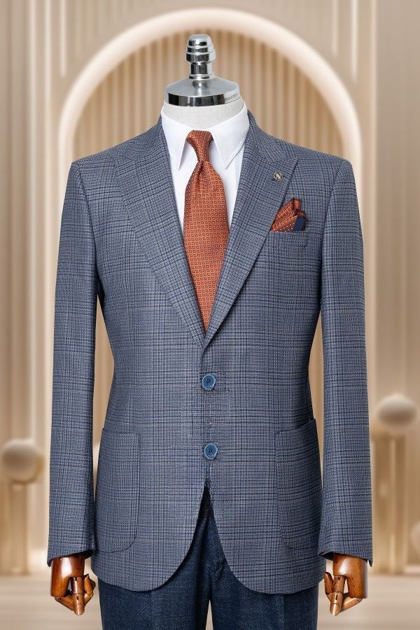 Bespoke Slim Fit Blue-gray Plaid Peaked Lapel Business Suits For Men