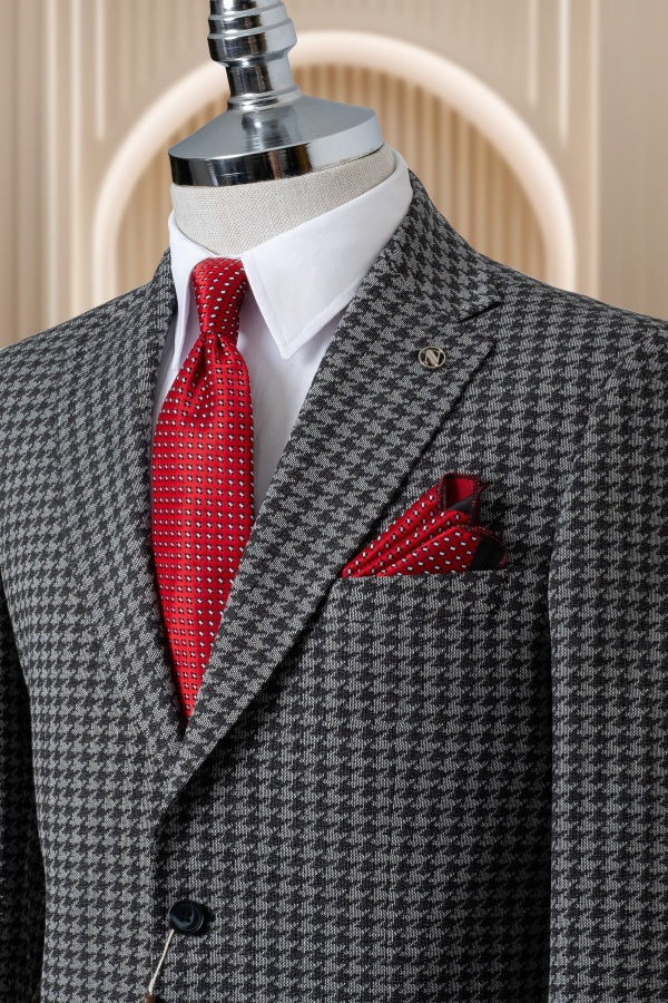Trendy Dark Gray Houndstooth Notch Lapel Chic Business Suits