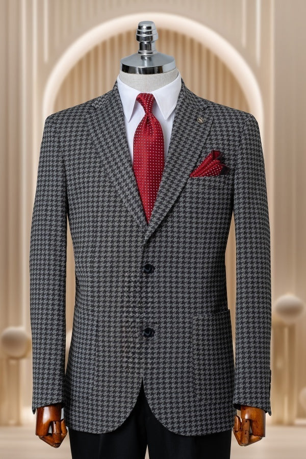 Trendy Dark Gray Houndstooth Notch Lapel Chic Business Suits